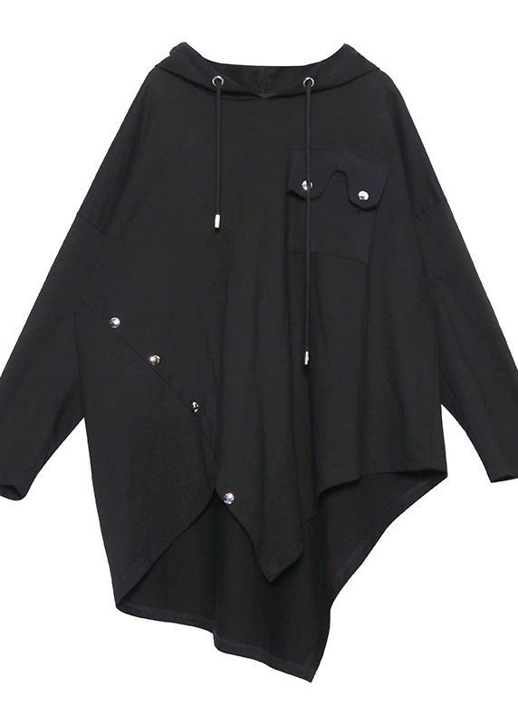 Chic hooded asymmetric cotton tunic Fabrics black blouse - bagstylebliss