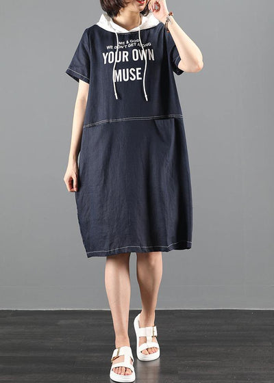 Chic hooded patchwork Tunics Sleeve navy Letter Dresses - bagstylebliss