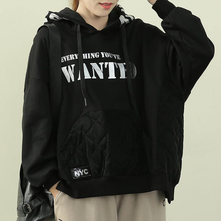 Chic hooded patchwork top silhouette black Letter daily blouse - bagstylebliss