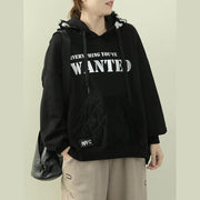 Chic hooded patchwork top silhouette black Letter daily blouse - bagstylebliss