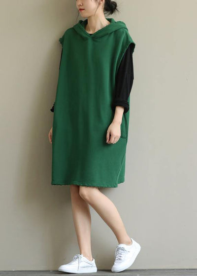 Chic hooded pockets fall Tunic Sleeve green Dress - bagstylebliss