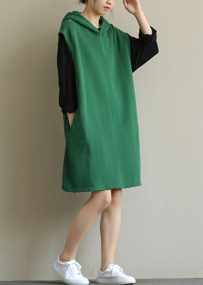 Chic hooded pockets fall Tunic Sleeve green Dress - bagstylebliss