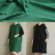 Chic hooded pockets fall Tunic Sleeve green Dress - bagstylebliss