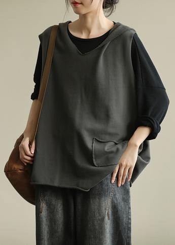 Chic hooded sleeveless tops women Work gray blouse - bagstylebliss