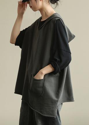 Chic hooded sleeveless tops women Work gray blouse - bagstylebliss