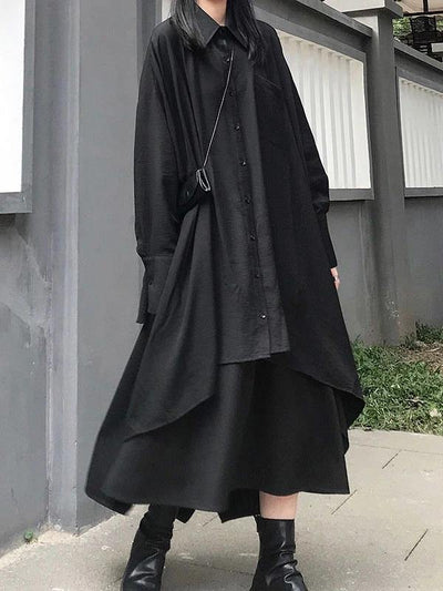 Chic lapel asymmetric cotton spring for women black A Line shirt Dresses - bagstylebliss