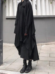 Chic lapel asymmetric cotton spring for women black A Line shirt Dresses - bagstylebliss