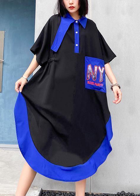 Chic lapel asymmetric cotton summer dresses pattern black cotton Dress - bagstylebliss