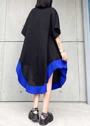 Chic lapel asymmetric cotton summer dresses pattern black cotton Dress - bagstylebliss