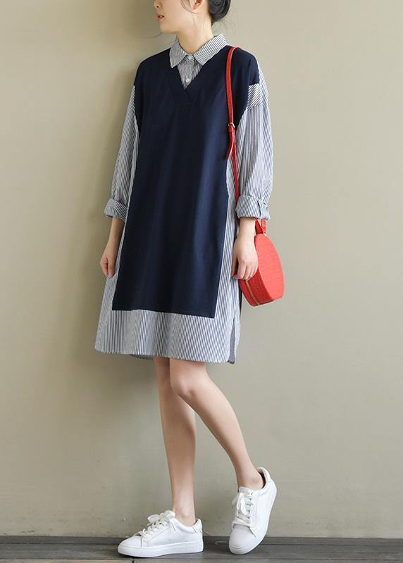 Chic lapel patchwork Cotton for women Work Outfits navy striped Dress spring - bagstylebliss