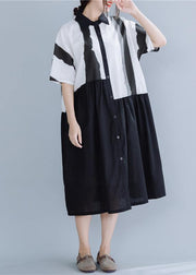 Chic lapel patchwork linen dresses Neckline black striped Dress summer - bagstylebliss