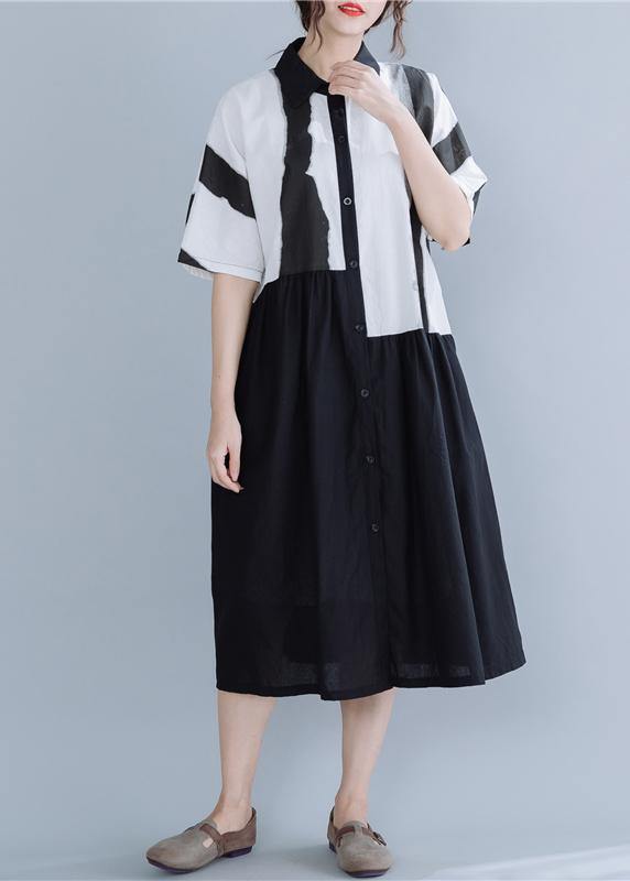 Chic lapel patchwork linen dresses Neckline black striped Dress summer - bagstylebliss