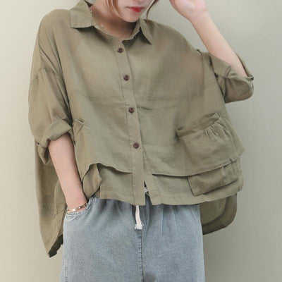 Chic lapel pockets linen shirts women Christmas Gifts khaki blouse - bagstylebliss