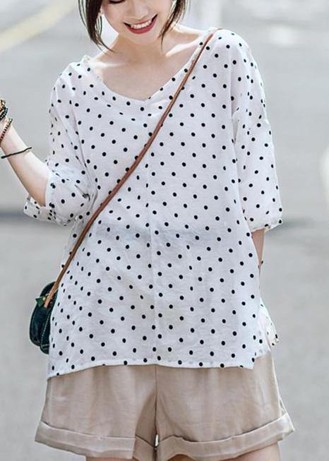 Chic linen Blouse Vintage Casual Linen Dot V-Neck Women Blouse - bagstylebliss