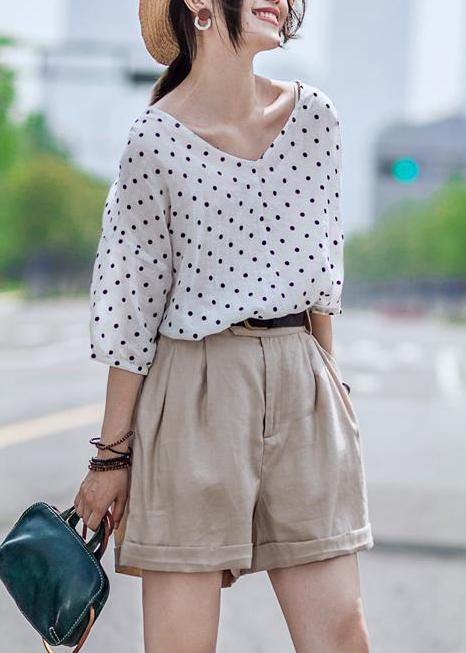 Chic linen Blouse Vintage Casual Linen Dot V-Neck Women Blouse - bagstylebliss