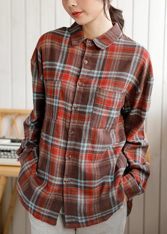 Chic low high design linen cotton lapel shirts plaid baggy blouses - bagstylebliss