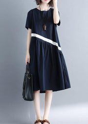 Chic navy cotton clothes For Women patchwork loose summer Dress - bagstylebliss