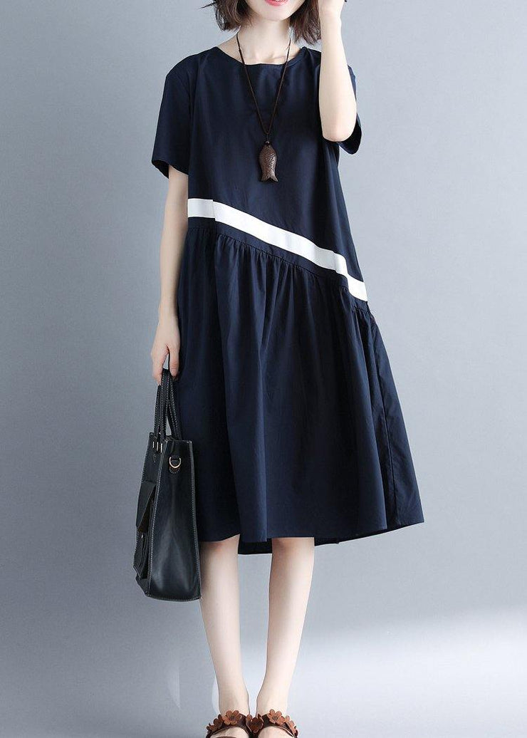 Chic navy cotton clothes For Women patchwork loose summer Dress - bagstylebliss