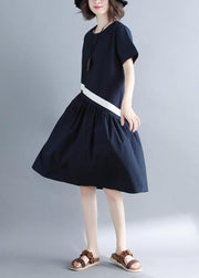 Chic navy cotton clothes For Women patchwork loose summer Dress - bagstylebliss