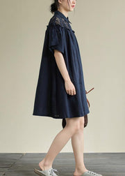 Chic navy linen dress lapel patchwork hollow out daily summer Dress - bagstylebliss