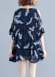 Chic navy print chiffon dresses Vintage Outfits v neck Ruffles Summer Dresses - bagstylebliss