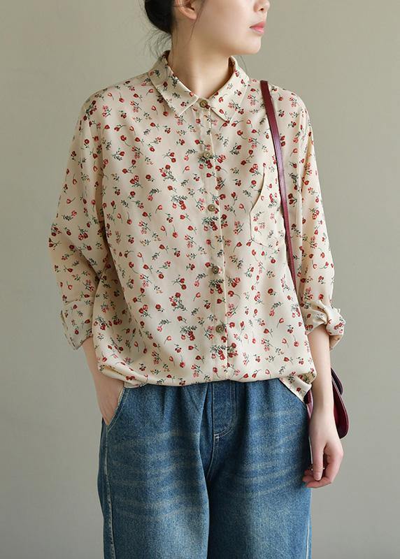 Chic nude print chiffon clothes lapel long sleeve summer top - bagstylebliss