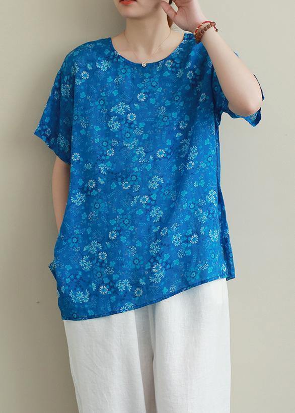 Chic o neck Chinese Button linen clothes For Women Work blue print blouse - bagstylebliss