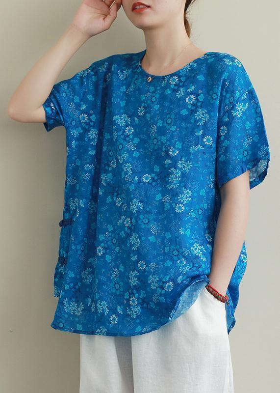 Chic o neck Chinese Button linen clothes For Women Work blue print blouse - bagstylebliss