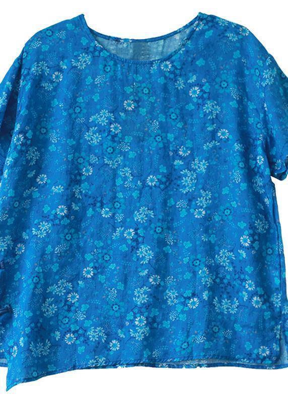 Chic o neck Chinese Button linen clothes For Women Work blue print blouse - bagstylebliss