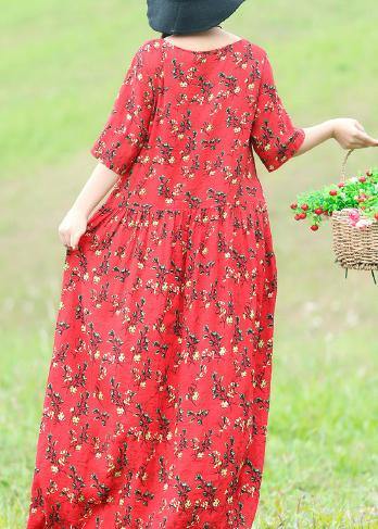 Chic o neck Half sleeve cotton linen dresses 2019 Inspiration red floral Traveling Dresses Summer - bagstylebliss