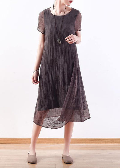 Chic o neck asymmetric silk linen clothes For Women Korea Work Outfits gray Maxi Dresses Summer - bagstylebliss