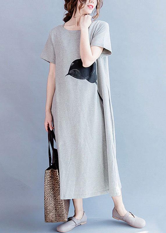 Chic o neck cotton summer Tunics gray print long Dresses - bagstylebliss