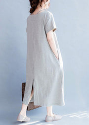 Chic o neck cotton summer Tunics gray print long Dresses - bagstylebliss