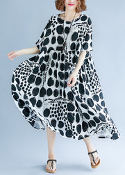 Schicke O-Neck-Kleidung mit extra großem Saum aus Baumwolle und Leinen für Damen, Runway, schwarz gepunktetes Kunstkleid, Sommer