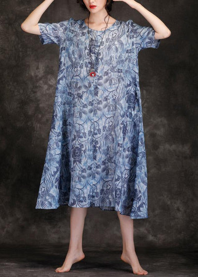 Chic o neck linen Wardrobes blue print Dresses summer - bagstylebliss