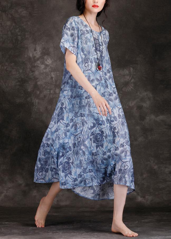 Chic o neck linen Wardrobes blue print Dresses summer - bagstylebliss