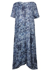 Chic o neck linen Wardrobes blue print Dresses summer - bagstylebliss