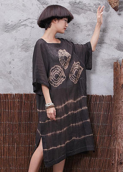 Chic o neck linen cotton clothes For Women Sleeve brown side open Dresses summer - bagstylebliss