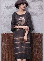 Chic o neck linen cotton clothes For Women Sleeve brown side open Dresses summer - bagstylebliss