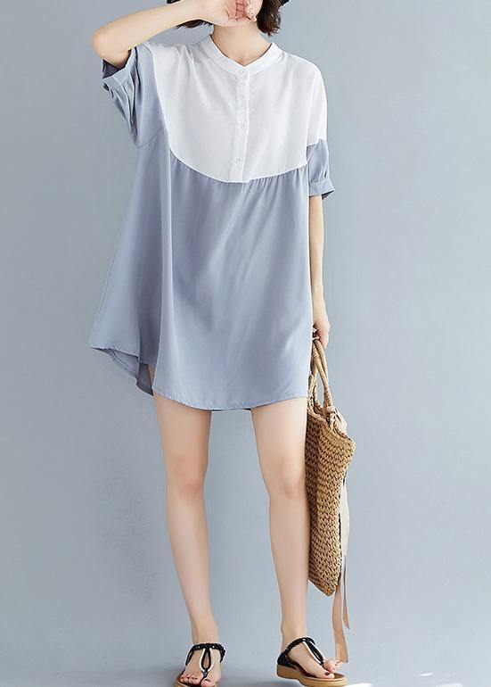 Chic o neck patchwork chiffon dresses Indian Fashion Ideas gray blue Dress Summer - bagstylebliss