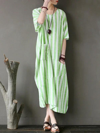 Chic o neck patchwork cotton dresses Tutorials green striped Traveling Dresses - bagstylebliss