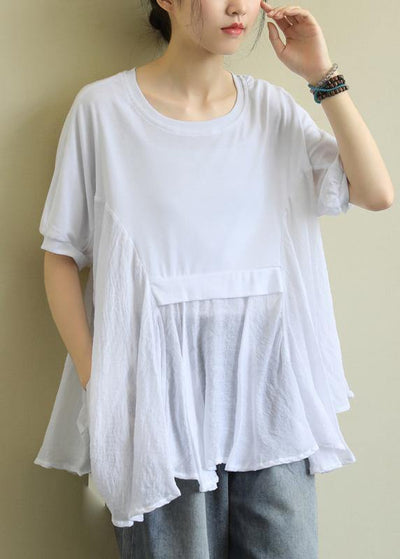 Chic o neck patchwork cotton summerLong Shirts Fabrics white tops - bagstylebliss