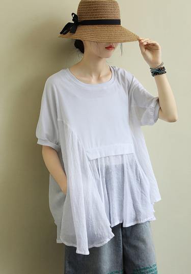 Chic o neck patchwork cotton summerLong Shirts Fabrics white tops - bagstylebliss