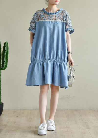 Chic o neck patchwork lace summer dress light blue Dresses - bagstylebliss