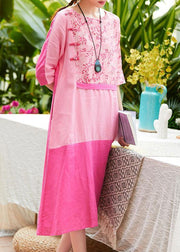 Chic o neck patchwork linen dresses pattern pink print Dresses summer - bagstylebliss