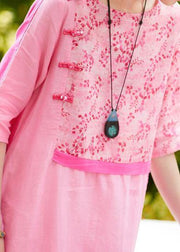 Chic o neck patchwork linen dresses pattern pink print Dresses summer - bagstylebliss