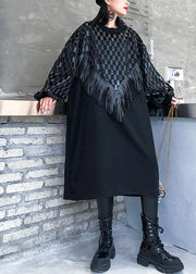 Chic o neck patchwork tassel fall dresses pattern black long Dresses - bagstylebliss