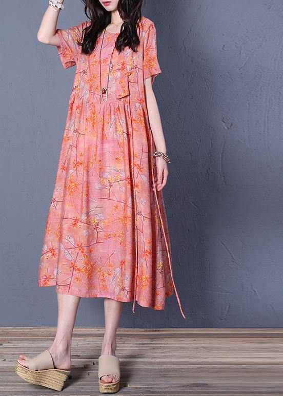 Chic o neck short sleeve cotton summer Wardrobes linen pink print Maxi Dresses - bagstylebliss