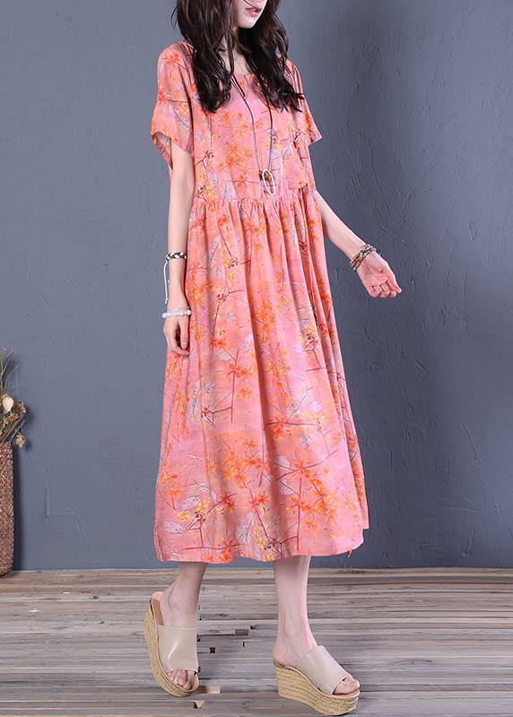 Chic o neck short sleeve cotton summer Wardrobes linen pink print Maxi Dresses - bagstylebliss