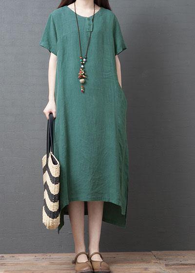 Chic o neck side open cotton dresses Sewing green Kaftan Dress summer - bagstylebliss